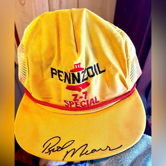 VINTAGE Pennzoil Hat Cap Snapback Yellow Trucker Adjustable Signed By Rick Mears - Picture 1 of 4